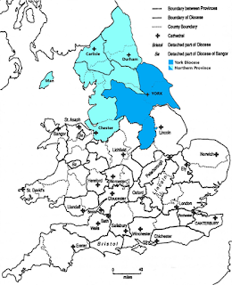 Map showing Church of England dioceses in England and Wales between the Reformation and the mid-19th century