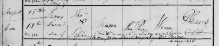 Baptism record for James Sword, son of Thmas and Sophia Mann.  A later note on the register indicates that the mother's Christian name should be Lucy, not Sophia.  The abbreviation 'Xpn' is used instead of the full word 'Christian' being written out in full.