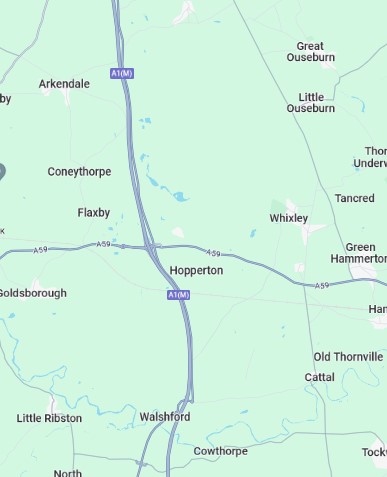 Map showing the area around Hopperton in North Yorkshire, including the villages of Coneythorpe, Cowthorpe, Great Ouseburn and Little Ouseburn.